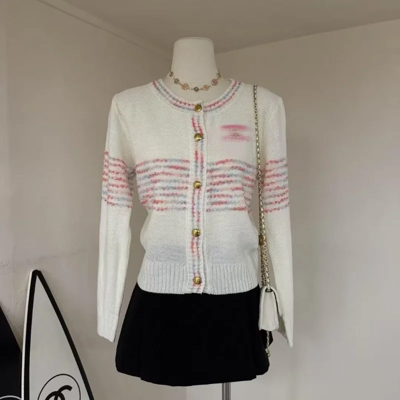 

Женский осенний новый сшитый модный вязаный топ с длинными рукавами и круглым вырезом на пуговицах в полоску