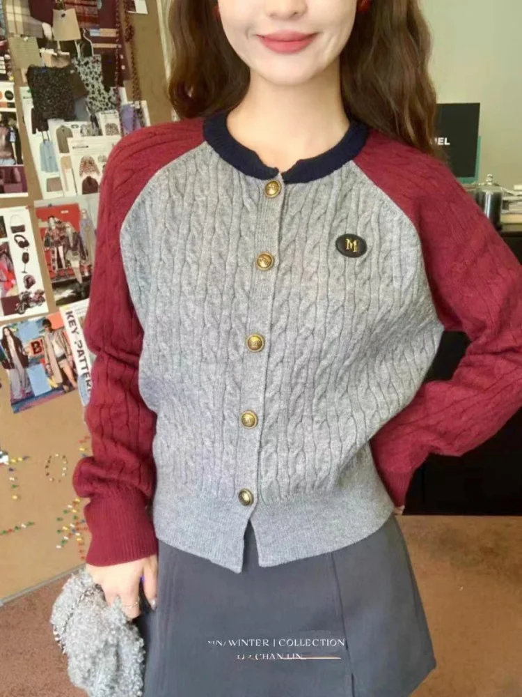 

American Preppy Thicken Cardigan Contrast Red Gray Raglan Sleeve Sweater Y2K Winter Spring Knit Jacket Korean Sweet Women Casual