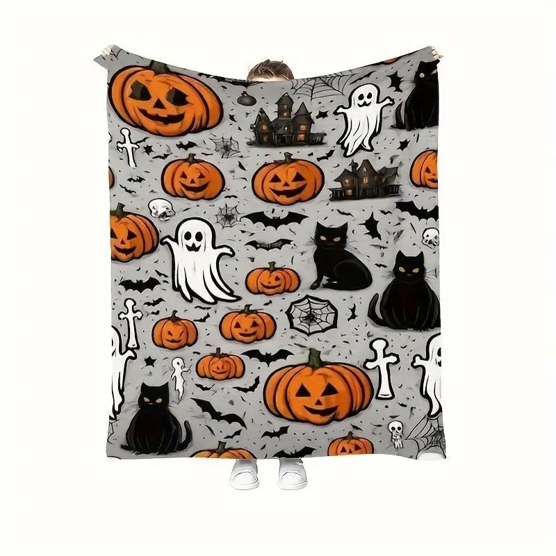 VIKAMA Spooky Halloween Throw Blanket Pumpkin Ghost Bat Pattern Flannel Blanket Lightweight Holiday Decor Blanket