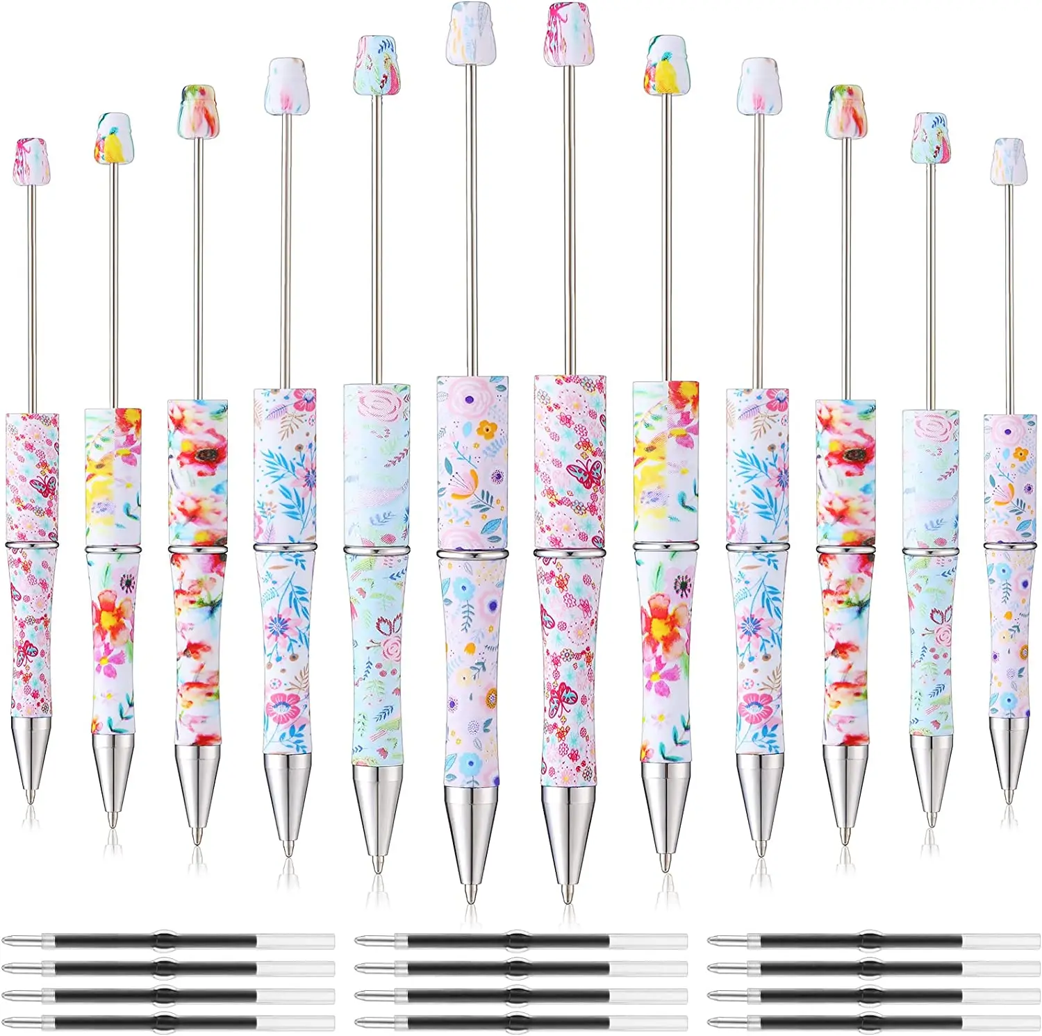 

12Pc Plastic Beadable Pens Floral Bead Pens Spring Flowers Assorted Ballpoint Pen With Refills Gift Kids Office School Supplies