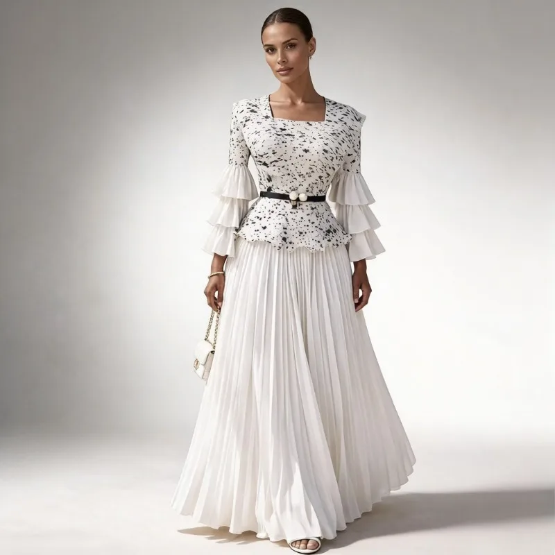 

Комплект из плиссированной юбки и топа Miyake Original, лето 2026, новая коллекция, вечернее платье с квадратным вырезом, оборками, свободного кроя, больших размеров, с принтом, комплект из 2 предметов для женщин