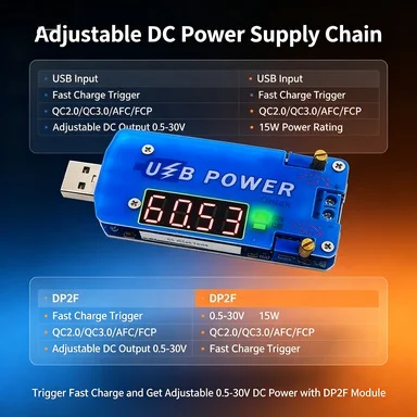 DP2F Mini Bench Power Supply 0.5-30V 2A 15W, USB Fast Charge QC2.0/QC3.0/AFC/FCP Trigger