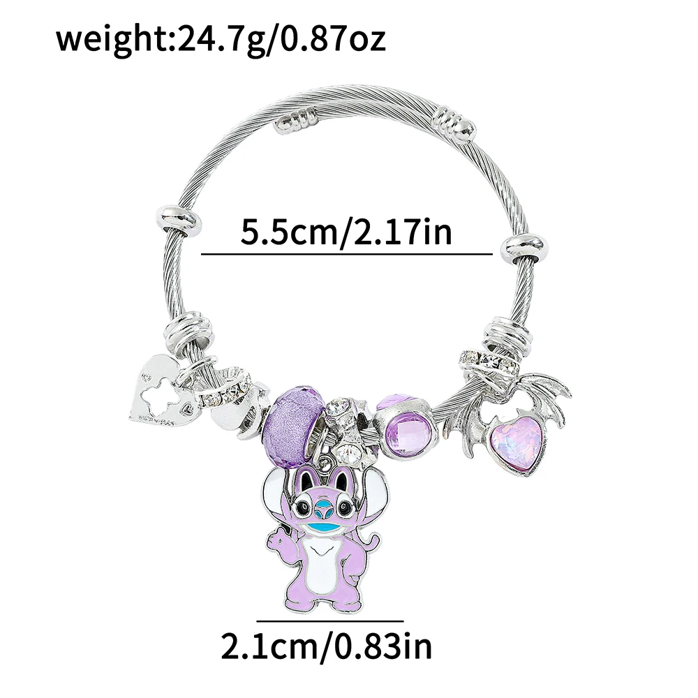 Disney-Lilo & Stitch Pendant Charm Bracelet, Purple Beaded Bracelet, Jewelry Accessory, Gifts for Fans, Fashionable and Cute