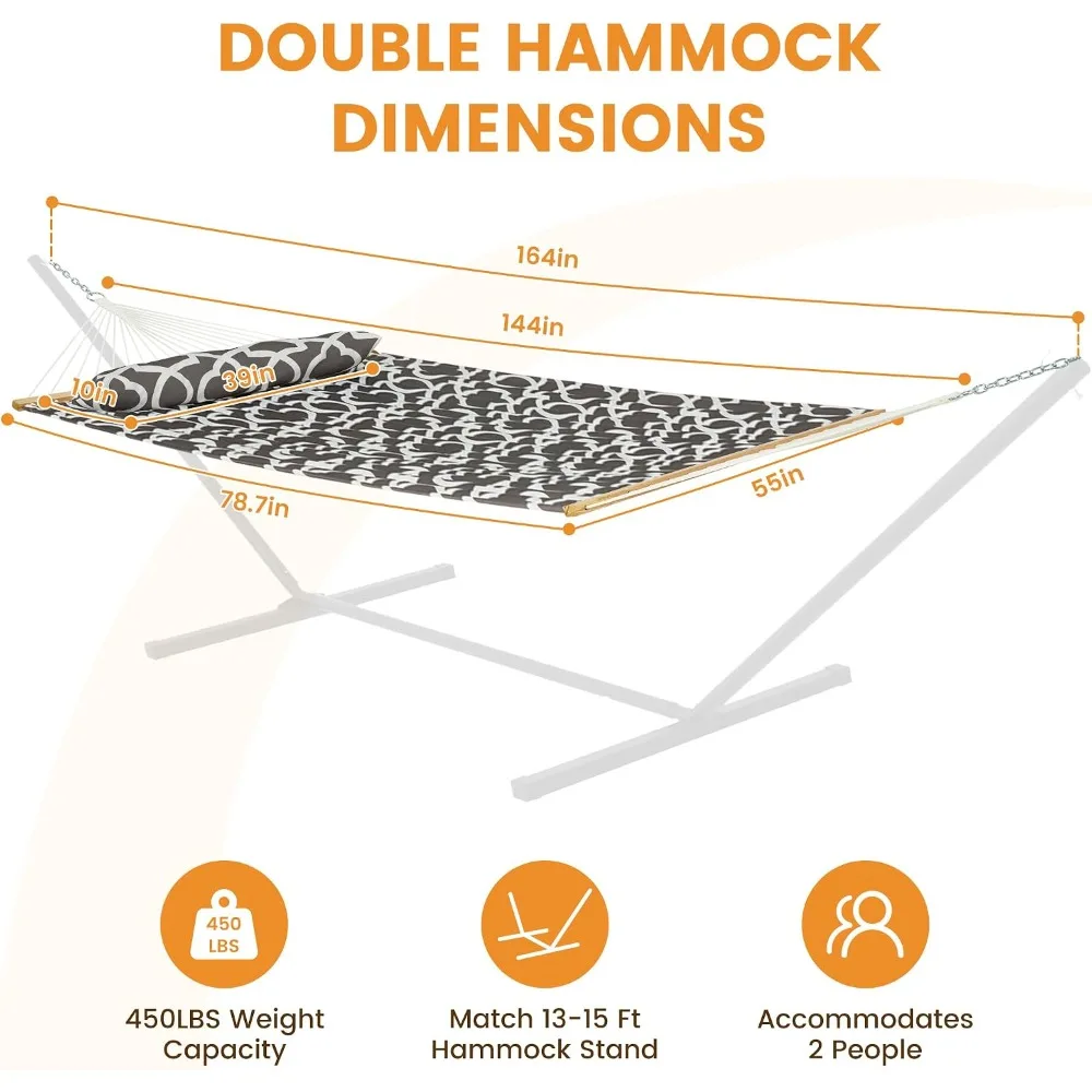 12FT Double Quilted Hammock for Outside with Pillow, Grey Floral | 2 Person Hammock with Hardwood Spreader Bar and Carabiners, 450lbs Capacity