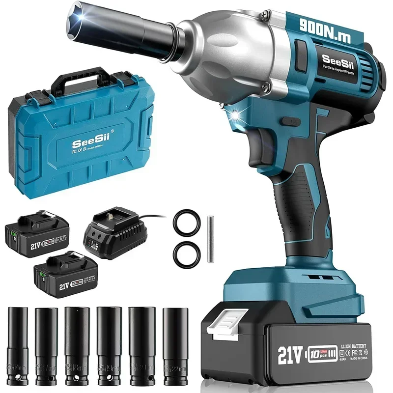 Cordless Impact Wrench 900N.m Power Impact Gun 1/2'' 3300RPM Brushless Electric Impact Driver for Home Car Truck Mower