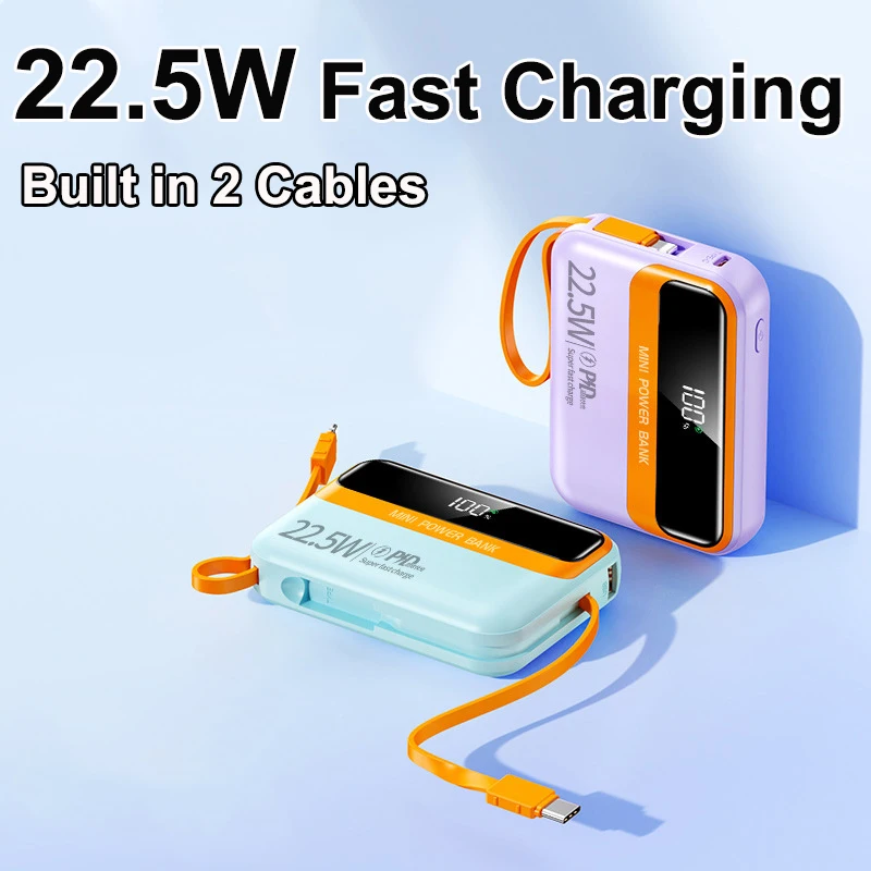 

Портативный внешний аккумулятор 20000 мАч со встроенными кабелями, быстрая зарядка PD 22.5W для iPhone 17, 16, Xiaomi, Samsung, Huawei