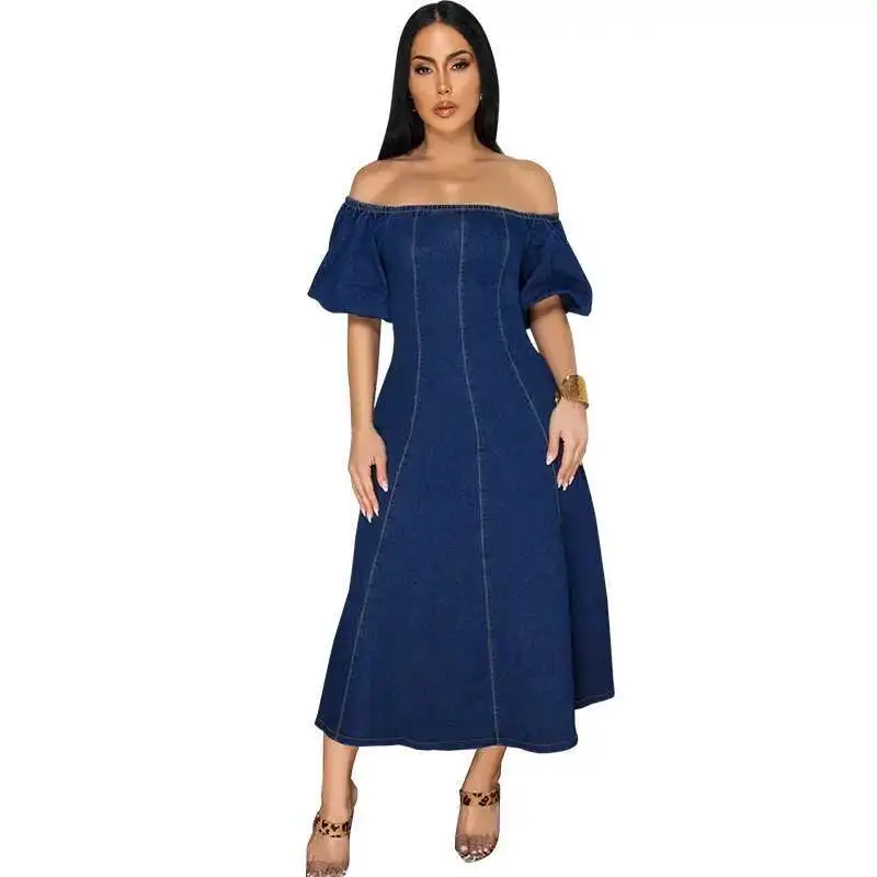 

Women's 218687 New Denim Elastic U-neck Short Sleeved Long Dress Sexy Luxury Femmes 2025 Summer Dress Robe Vestido Women Party