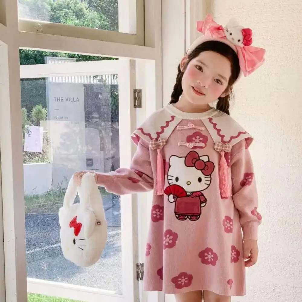 Kawaii Hello Kitty Child Knitting Dress Autumn Anime Cartoon Fashion Cute Doll Collar Cheongsam Retro Long Sleeves Sweater Dress