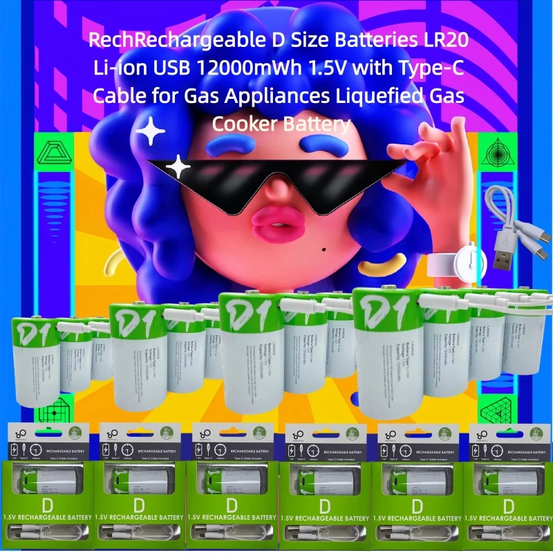 

Rechargeable D Size Batteries LR20 Li-ion USB 12000mWh 1.5V with Type-C Cable for Gas Appliances Liquefied Gas Cooker Battery