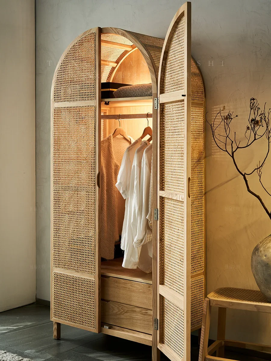 

Wood rattan woven wardrobe storage cabinet Small unit retro homestay arched dome open door storage wardrobe