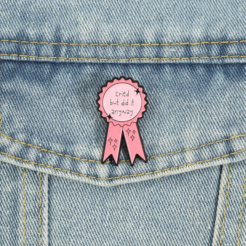 Cried But Did It Anyway Enamel Pins Inspirational Brooches Lapel Badge Pink Ribbon Award Jewelry Accessory Gifts For Friends