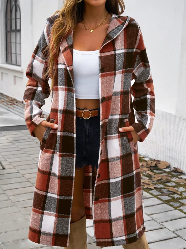 Elegant Women's Casual Loose Checkered Contrasting Breasted Hooded Jacket Coat 2025 Autumn Winter Spring New Fashion Casual