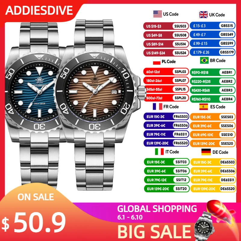 

ADDIESDIVE Luxury Men's Quartz Watch Japan 2115 Stainless Steel Diving Luminous Watches 200m Waterproof High-End Wristwatch New