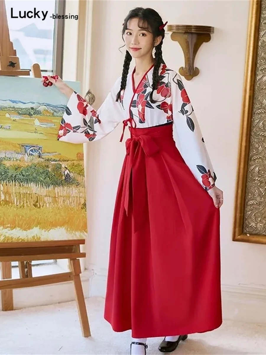 Kimono Sakura Girl Japanese Style Floral Print Vintage Dress Woman Costume Haori Robe Set For Party Yukata Asian Cosplay Clothes