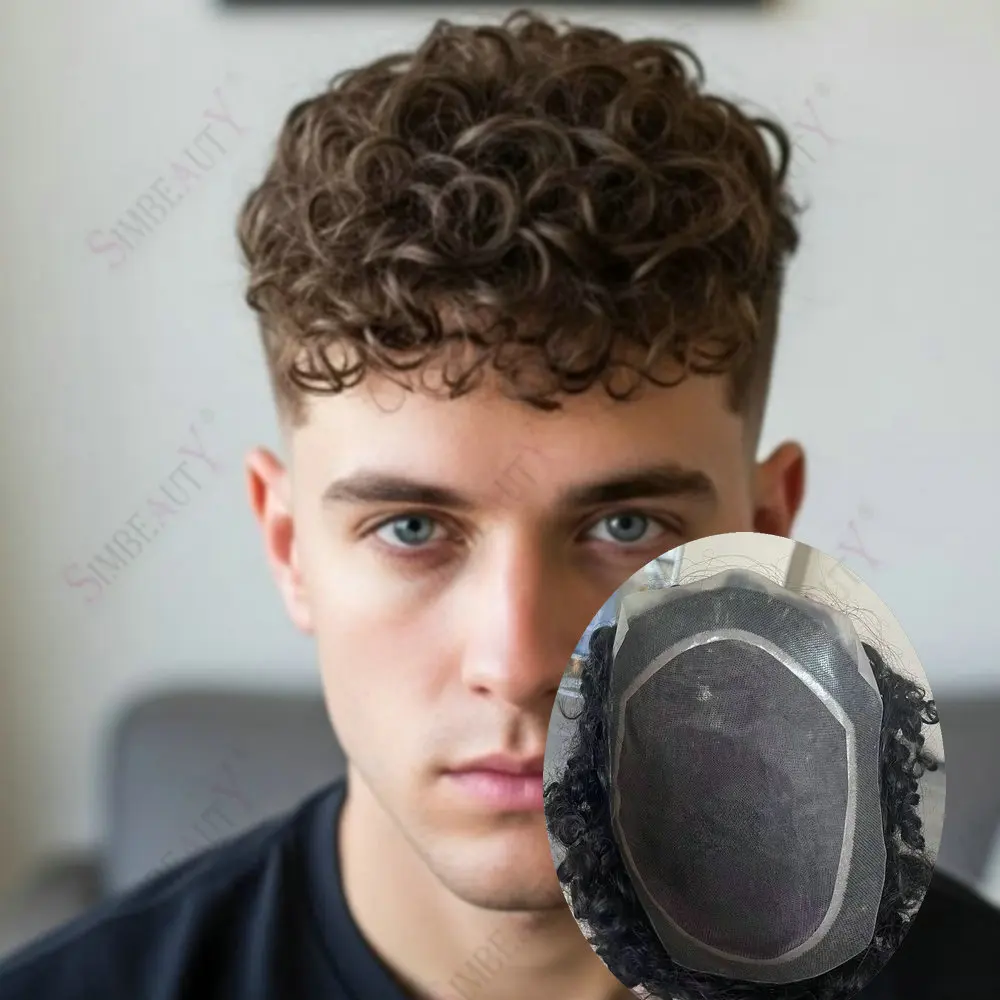 

Durable 20mm/22mm/24mm Curly Men's Toupee Human Hair Breathable Fine Mono PU Base Man Hair Prosthesis Capillary System Pieces
