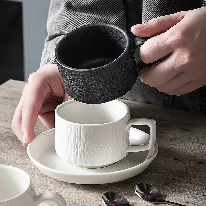 Solid Color Black and White Ceramic Cup and Plate Set Coffee Milk Mugs Rock Patterned Cup