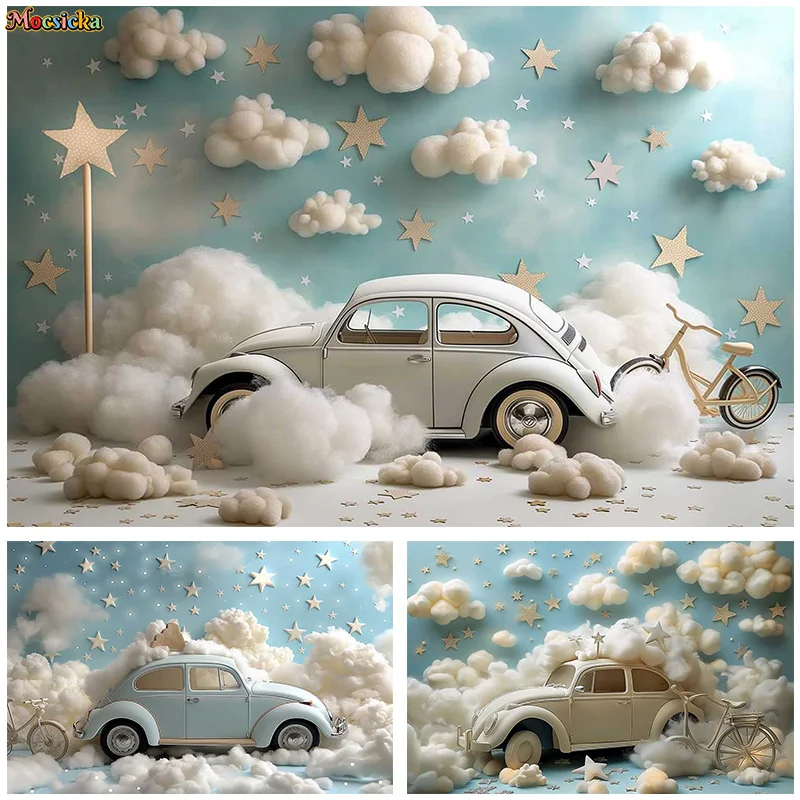 

Mocsicka Baby Show Photography Backdrops Happy Birthday Party Car Cloud Background Cake Smash Portrait Photo Banner Studio Props