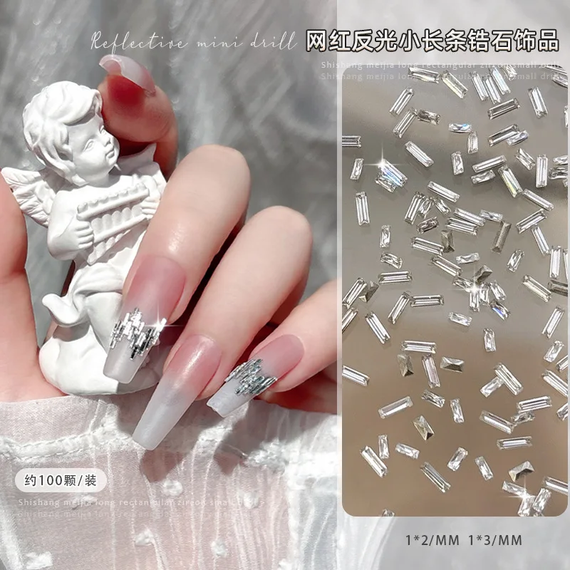 100PCS Reflective Sparkle 5A Mini Zircon Thin Rectangle White Diamonds Strip Nail Art Rhinestones Decorations Manicure Charms