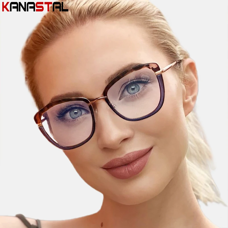 Women Blue Light Blocking Reading Glasses Fashion Bicolor Metal TR90 Cat Eyeglasses Frame Myopia Optical Lenses Computer Eyewear