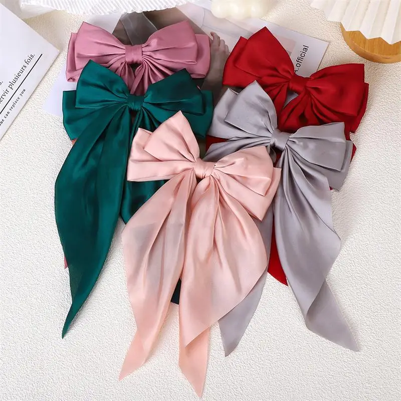 Large Bowknot Chiffon Bow Hair Clip Women Stain Hairpin Barrettes Girls Solid Color Ponytail Clip Hair Accessories Headwear Gift