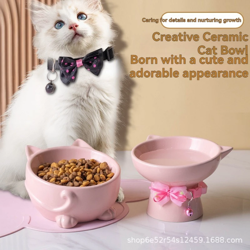 Cute Cat Ear Shaped Ceramic Cat Bowl, Elevated Neck Protect Feeding Dish, Multi-color Easy Clean Pet Food Water Bowl for Cats