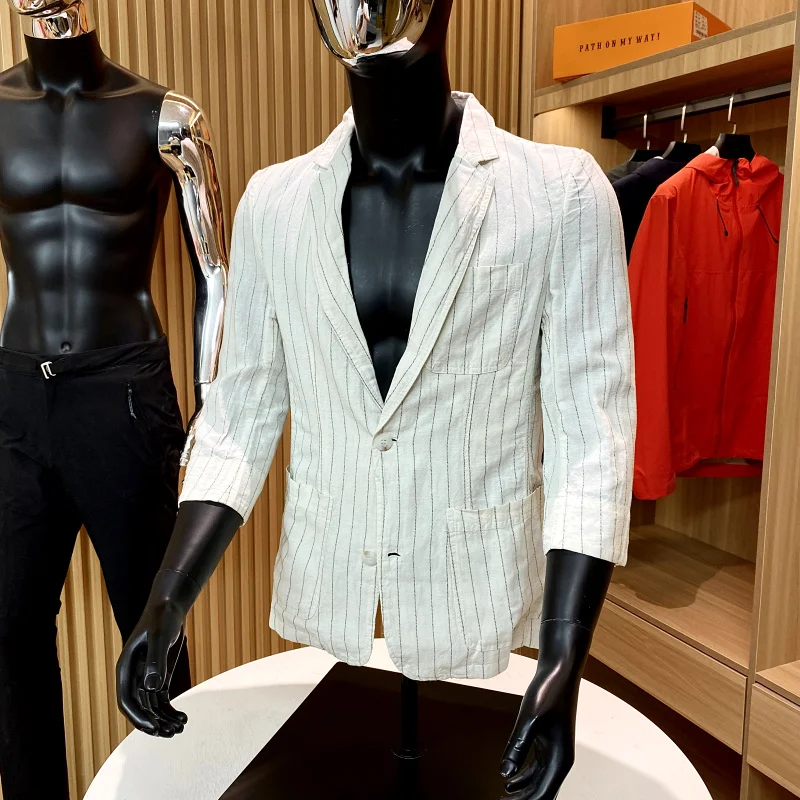 

Cotton Linen Cool Comfortable Tech Spring Summer Thin Men's Slim Stripe Seven Svel Suit Linen Single West Coat Trendy