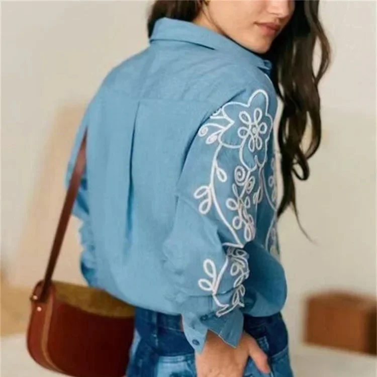 

Women Blue or White Shirt Linen Cotton Blend Embroidered Floral Single Breasted Casual Blouse for Lady