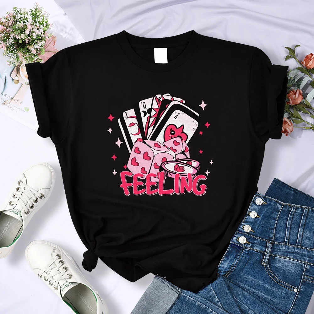 Playing Card Dice Ring The Feeling Of Love Prints Women Tee Shirt Sport Casual T-Shirts Breathable Short Sleeve Comfortable Top