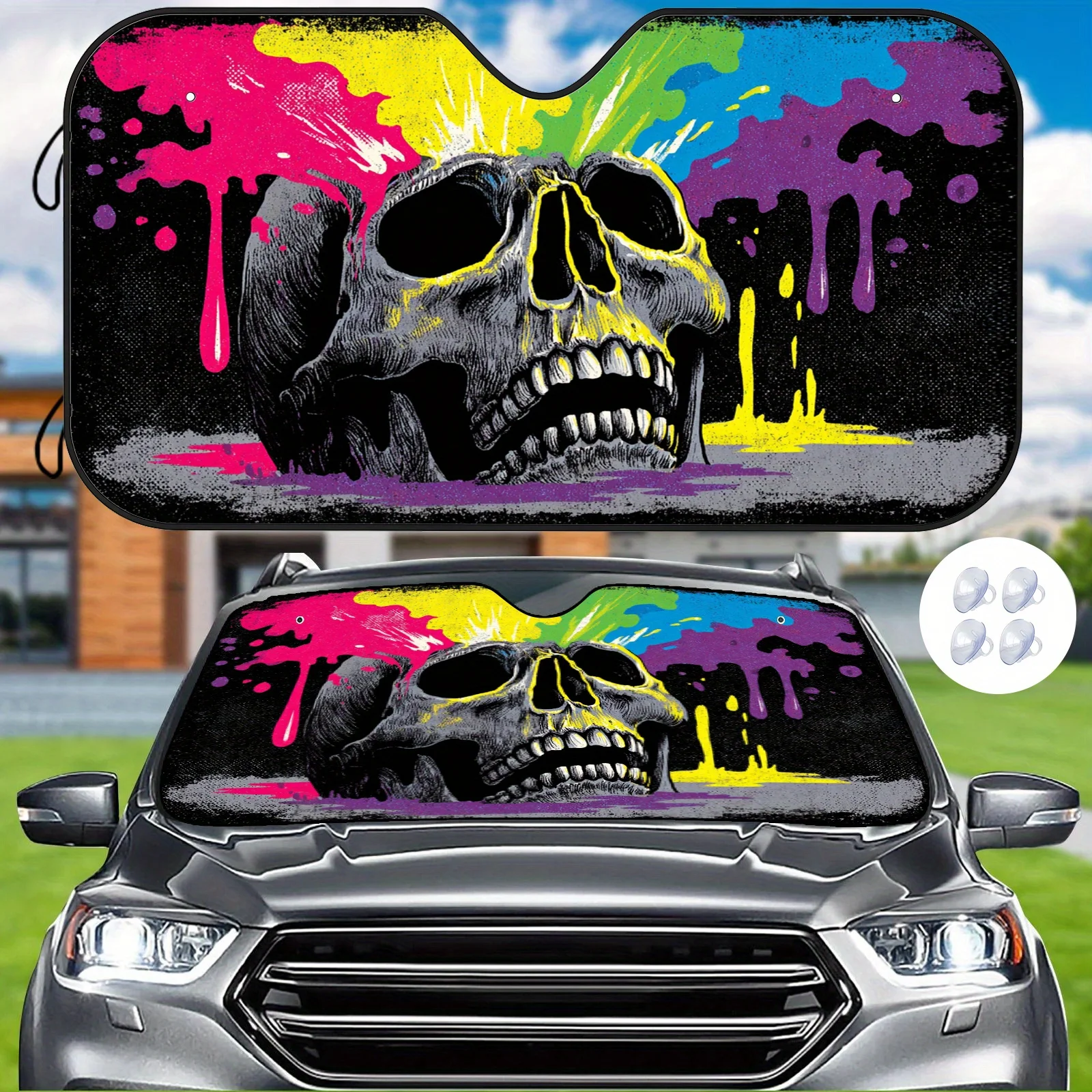 Colorful Paint Skull Car Sunshade With Contrast Graffiti Art, Includes Fixing Clip - Durable And Easy To Clean For Effective Hea