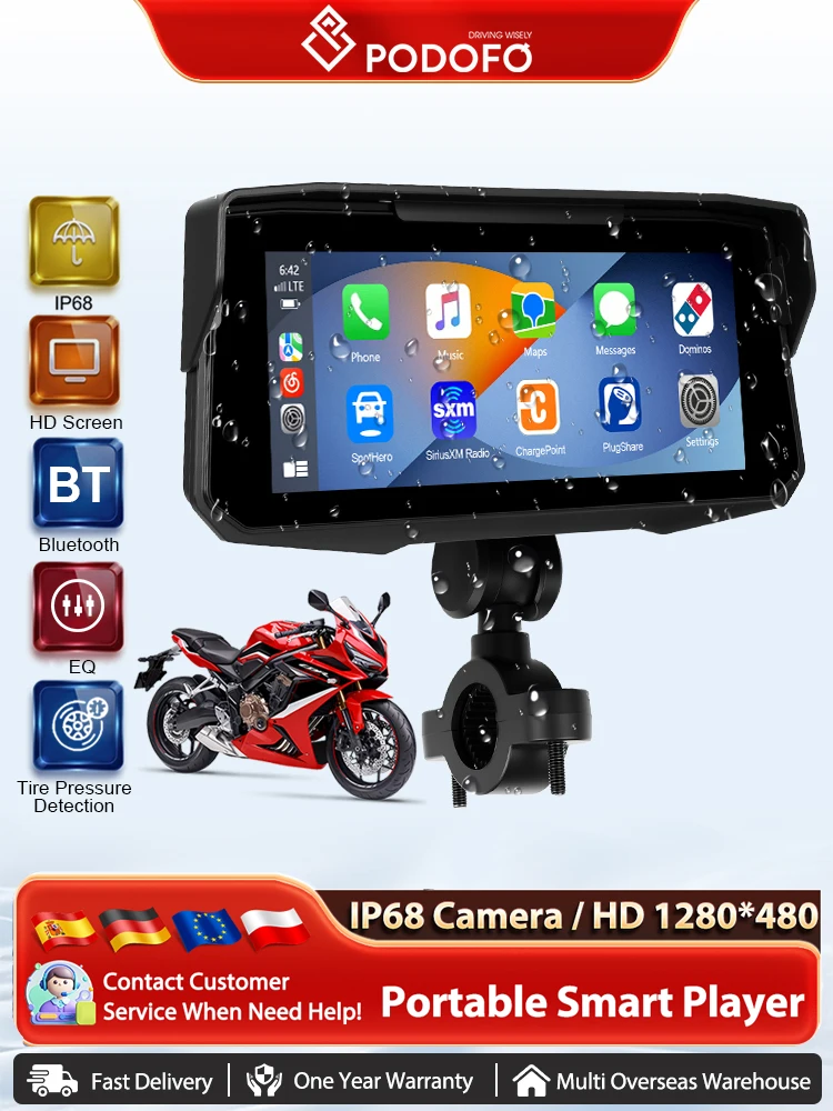 Podofo 6,86 Zoll Motorrad Carplay Player für Motorrad Unterstützt Android Auto Airplay Wasserdichter Smart Screen Motorrad Player