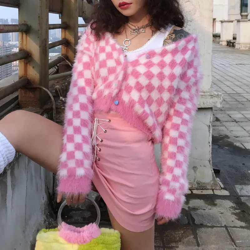 

Pink and White Check Cardigan Sweater Women Fuzzy Mohair Crop Knit Long Sleeve Heart-Shape Button Soft Girl Aesthetic Outfit /