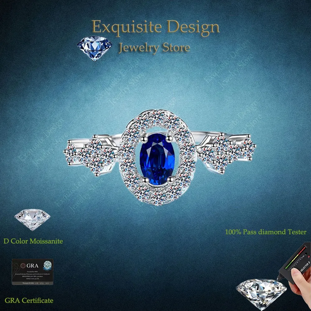 

Exquisite Design Women Birthday Gift Wedding Band 0.5CT Blue Moissanite Diamond Oval Wrapped PT950 Platinum Rings GRA Certified