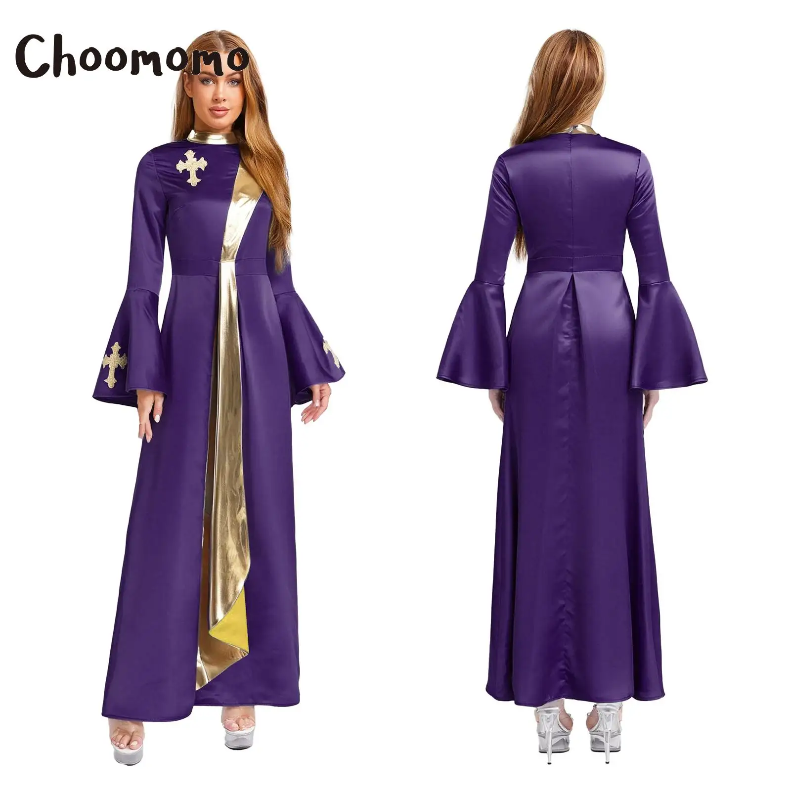 

Womens Church Priest Clergy Robe Embroidery Long Sleeve with Flared Cuffs Metallic Tunic Liturgical Dress for Halloween Cosplay