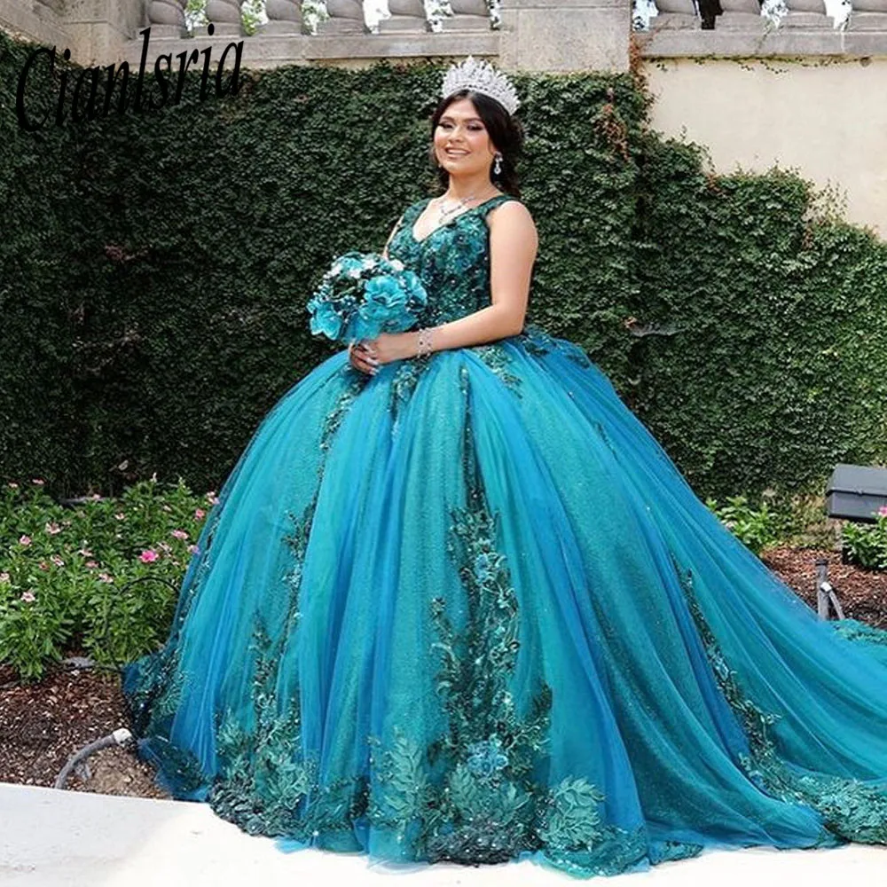 

Green Off The Shoulder Ball Gown Quinceanera Dress With Handmade Flowers Appliques Sweet 15 Prom Party Dresses
