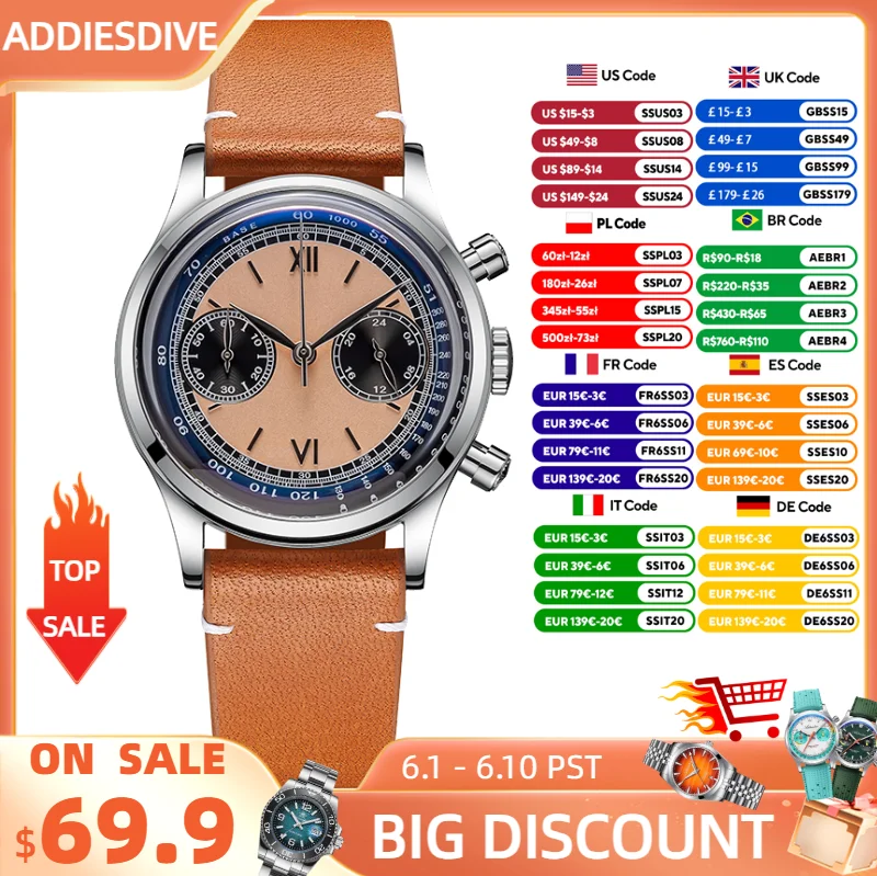 

ADDIESDIVE Men watches Quartz Wristwatch Sport waterproof 100m Chronograph AR Coating VK64 Movement Retro Leather Watch New