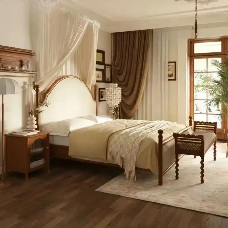 retro bread bridge bed solid wood fabric double bed bedroom 1.8 meters large bed pastoral high-end