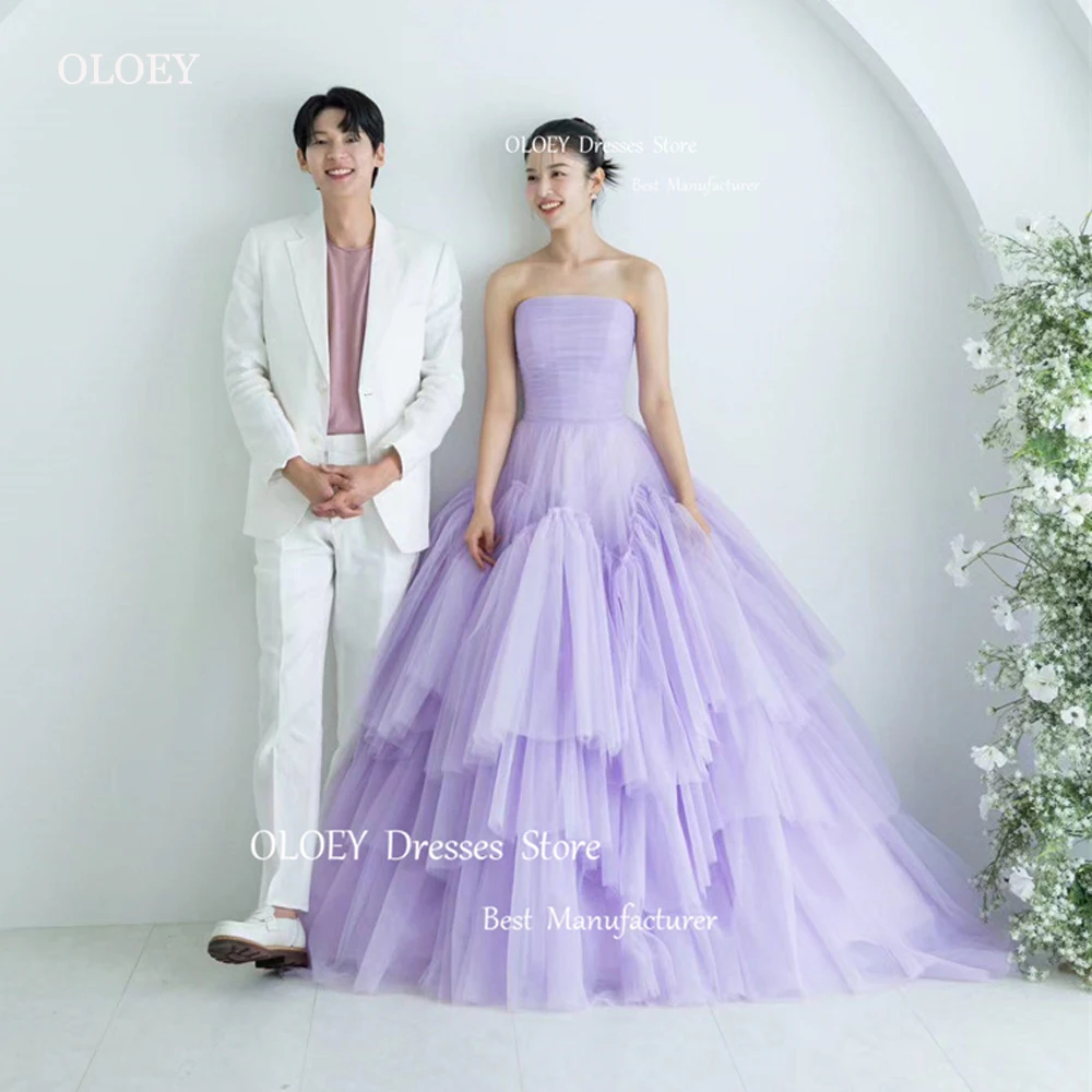 OLOEY Gorgeous Lavender Tulle Evening Dresses Wedding Photoshoot Strapless Tiered Floor length Bridal Gowns Garden Corset Back