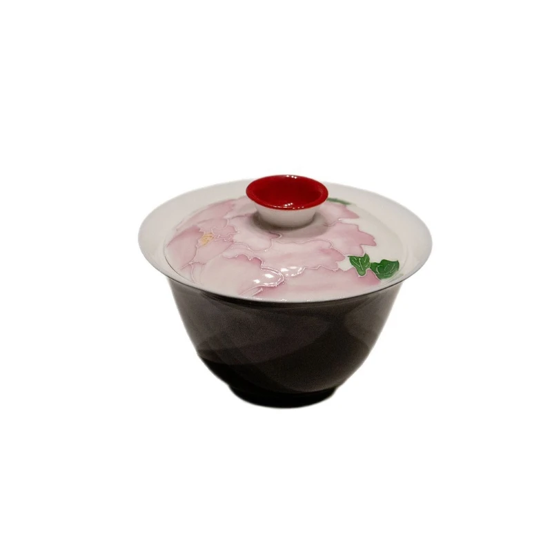 

LTT black glaze pure hand-painted peony flower cover bowl household ceramic thin tire tea bowl tea set