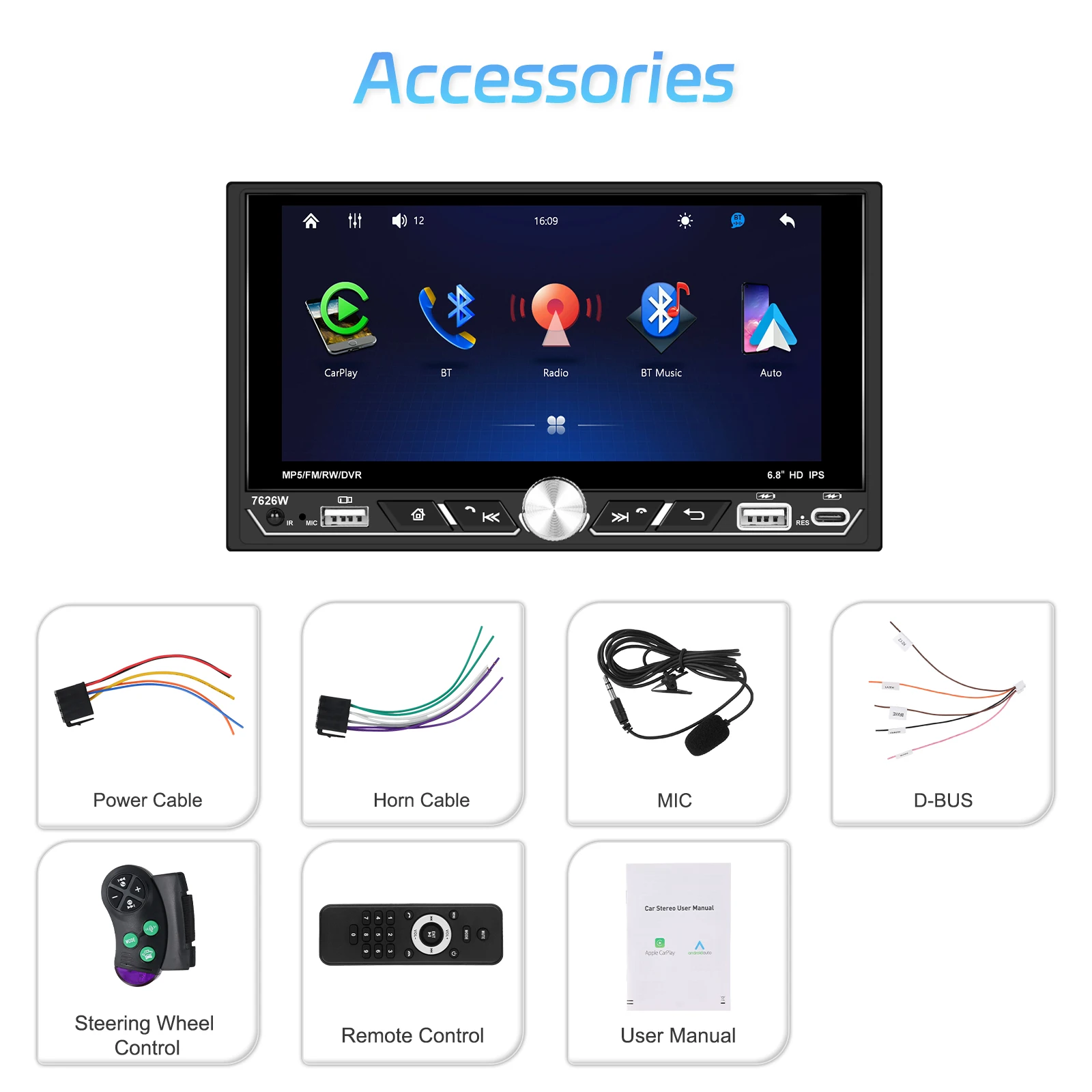 مشغل Hikity 2Din MP5 مقاس 6.8 بوصة مشغل وسائط متعددة لاسلكي Carplay Android Auto Type-C شحن سريع EQ Sound FM/AM/RDS ستيريو للسيارة #6