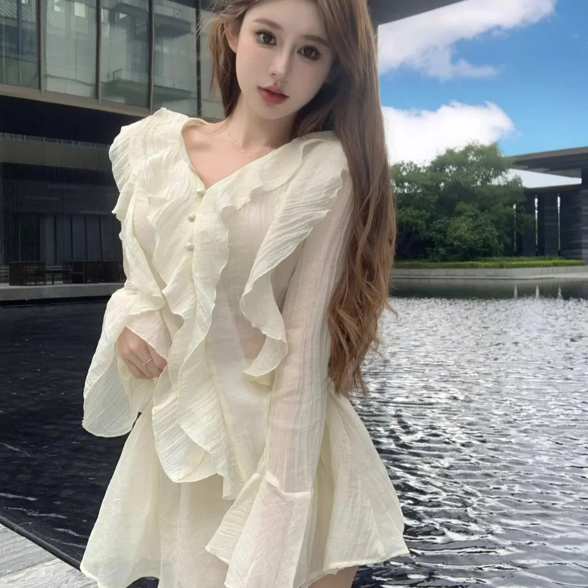 Spring Summer New Women's Pure Desire Style Long Sleeve V-Neck Flared Sleeve Sunscreen Chiffon Shirt Fashionable Lightweight