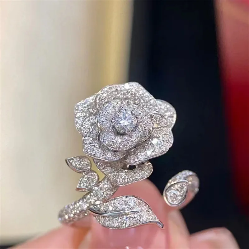 Luxurious Sparkles Full Micro Pave CZ Swirl Vine Leaf Bloom Rose Cocktail Rings for Women Party