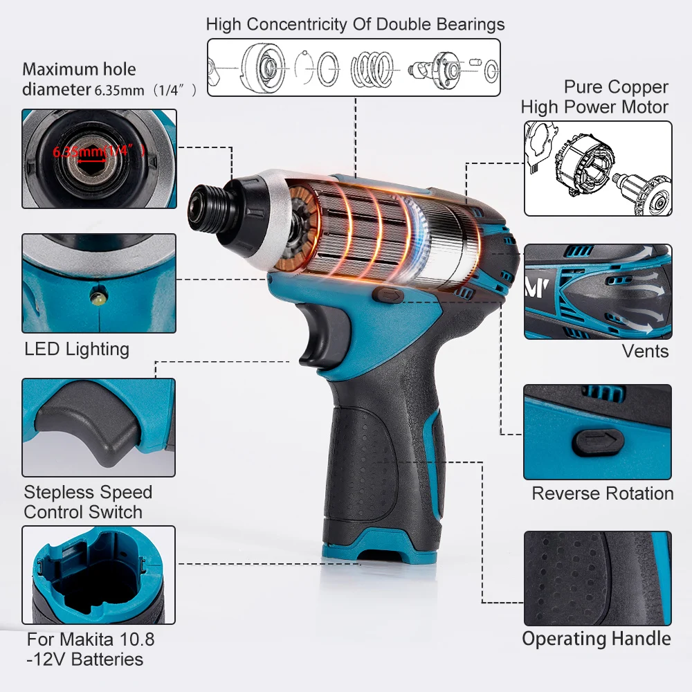 For Makita 12V Battery Electric Cordless Screwdriver Rechargeable 100N.m Household Cordless Drill Handheld Handle