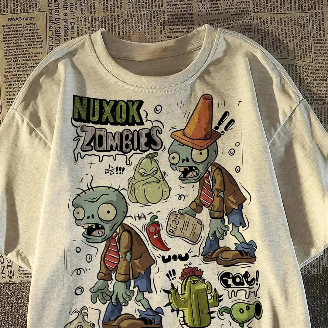 Y2K نباتات شارع العليا مقابل الكسالى نمط الرسوم المتحركة المطبوعة زوجين الجولة الرقبة قصيرة الأكمام الرجعية القوطية الشرير فضفاض تي شيرت