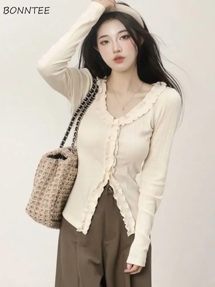 

Blouses Women Ruffles Sweet Daily Spring Korean Style All-match Ladies Temper Delicate Simple Leisure Streetwear Basics Charming