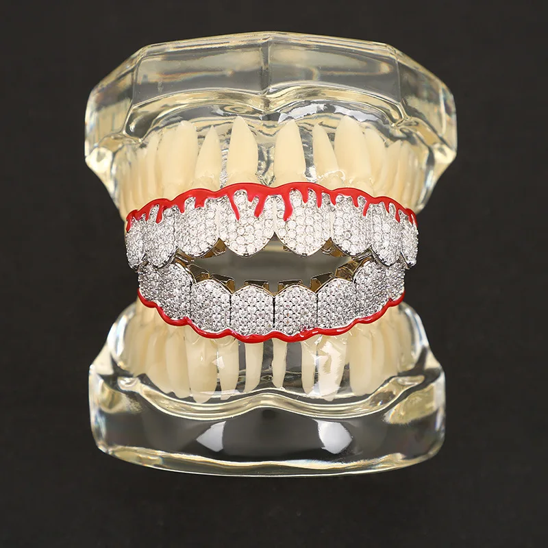 HipHop Flame CZ Teeth Set For Unisex Top Bottom Mouth Gold Silver Color Teeth Tooth Cap Removable Dental Fashion Jewelry