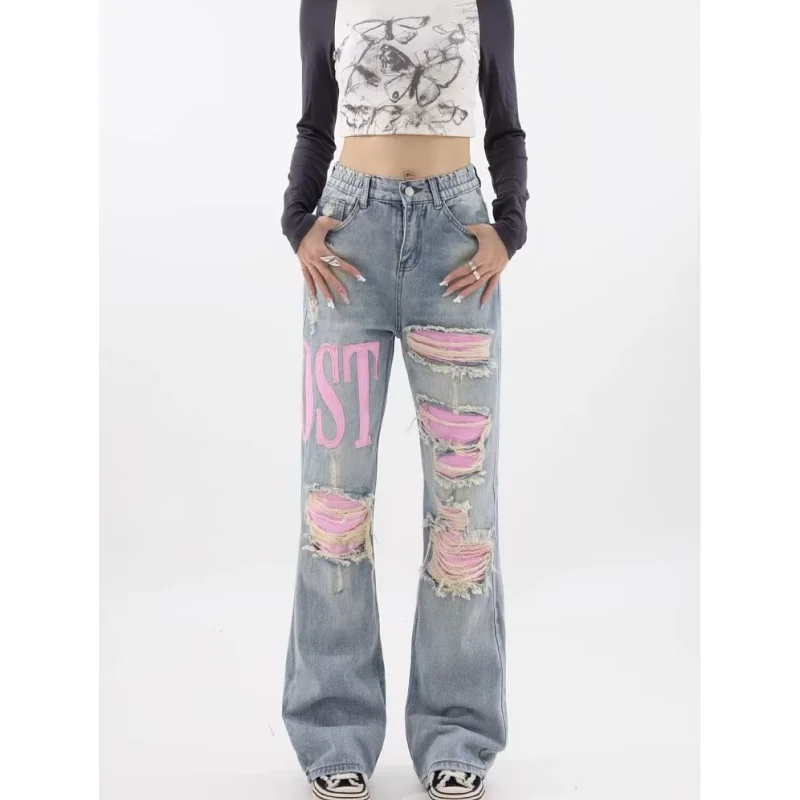 Blue Womens Jeans Worn Out High Waist Straight Baggy Denim Pants American Korean Fashion Y2K Female Wide Leg Denim Trouser