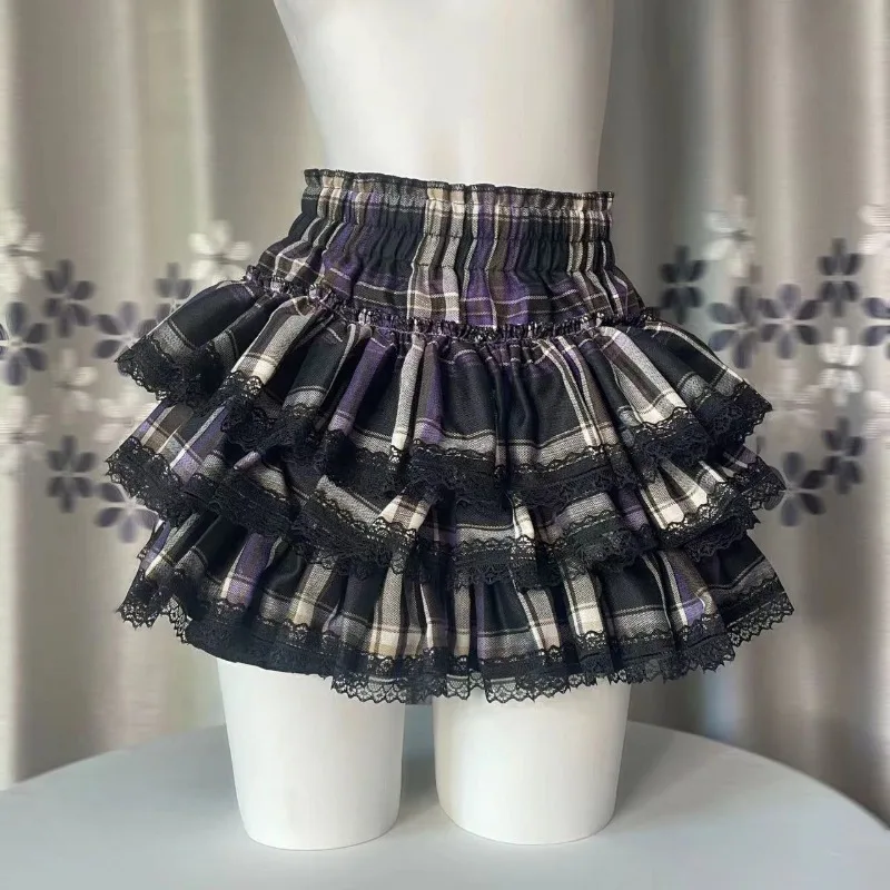 Y2k Harajuku Gothic Lolita Kawaii Plaid Mini Skirts Women Punk Vintage Lace Cake Skirt Subculture Fashion Ball Gown Short Skirts
