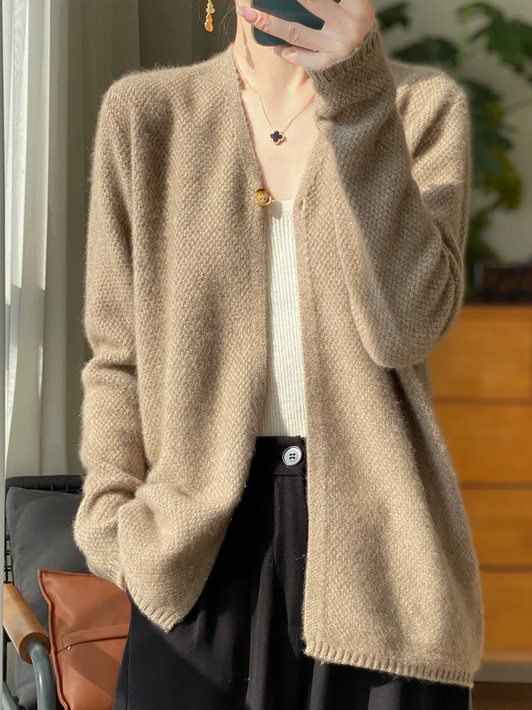 CHICUU Spring Autumn Women Cashmere Sweater V-neck Cardigan Basic Simple Style Clothing 100% Merino Wool Knitwear Korean Tops