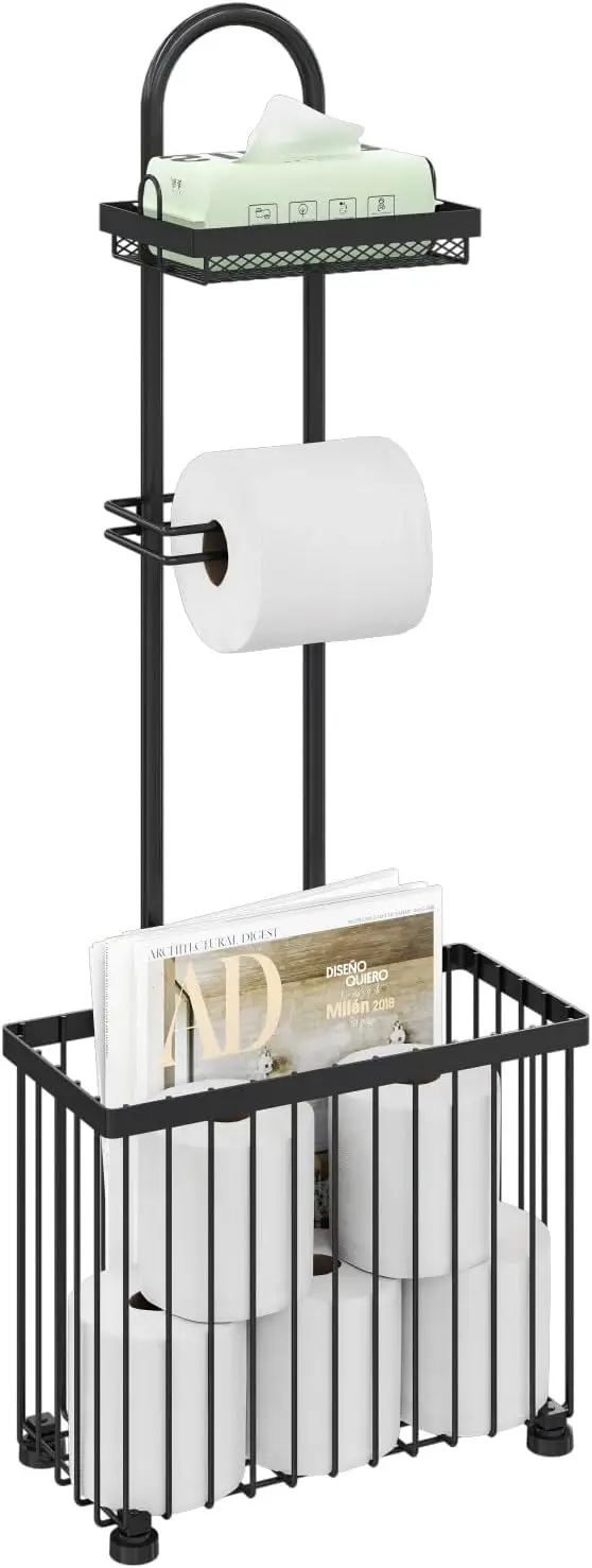 

Freestanding Toilet Paper Holder with Storage Shelf for Bathroom Organizer, Black