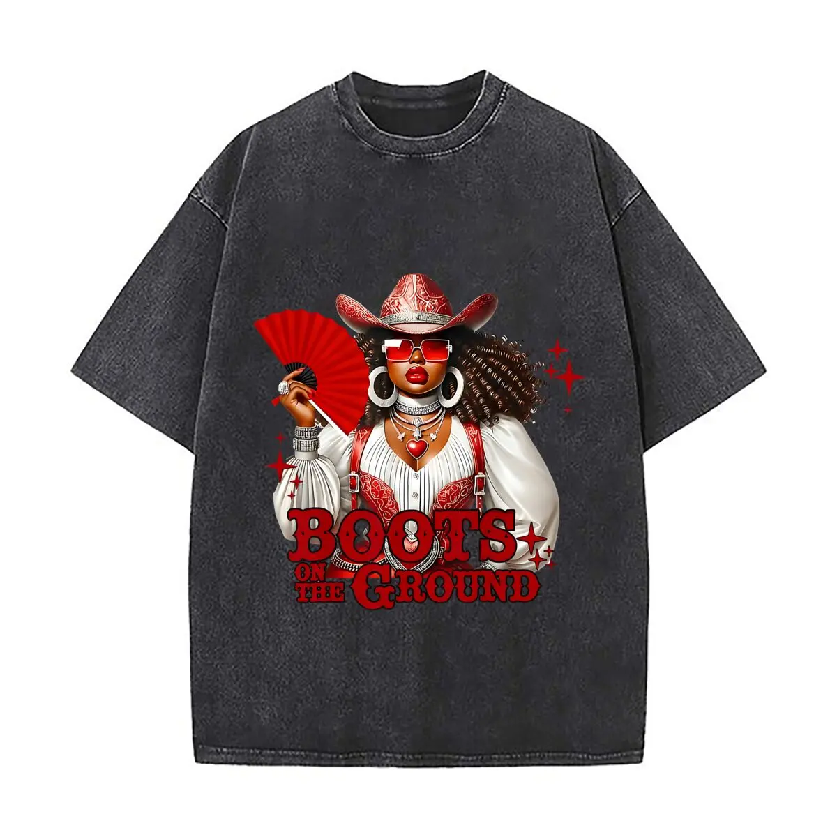 Vintage Western Boots On The Ground Graphic Vintage Distressed Loose Streetwear Tops for Campus Days